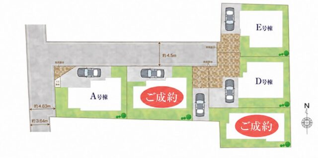 全体区画図(B・C号棟ご成約済み/販売中:A・D・E号棟) 全体区画図(B・C号棟ご成約済み/販売中:A・D・E号棟)